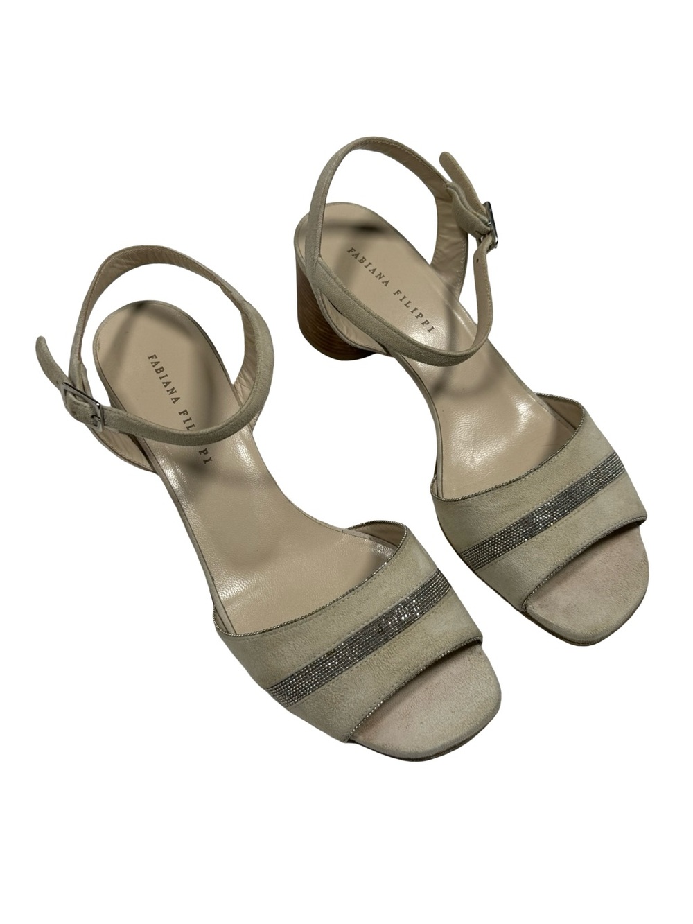 Fabiana Filippi Sandals Sz Eu38 Us8 Suede Monili Block Heel Ankle Strap Luxury